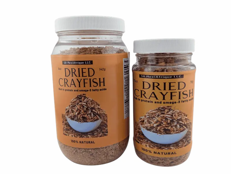 Labeled 5 oz and 2.75 oz jars of SB MexiAfrique ground dried crayfish